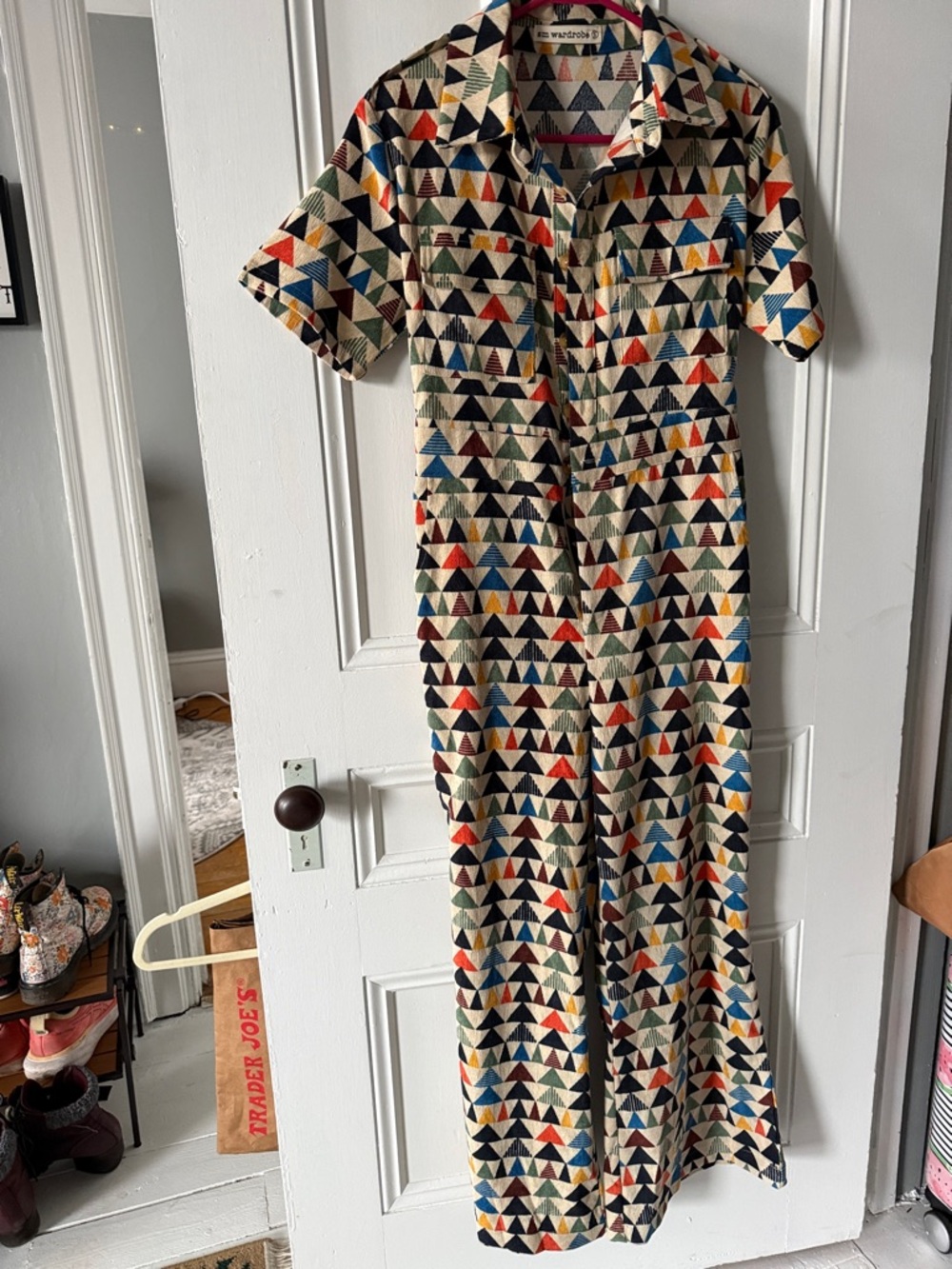 Multicolor Triangle-Print Short-Sleeve Jumpsuit